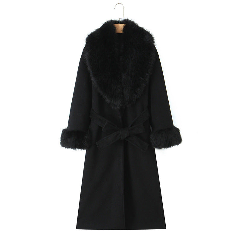 Big Fur Collar Belt Wool Coat Long Jacket